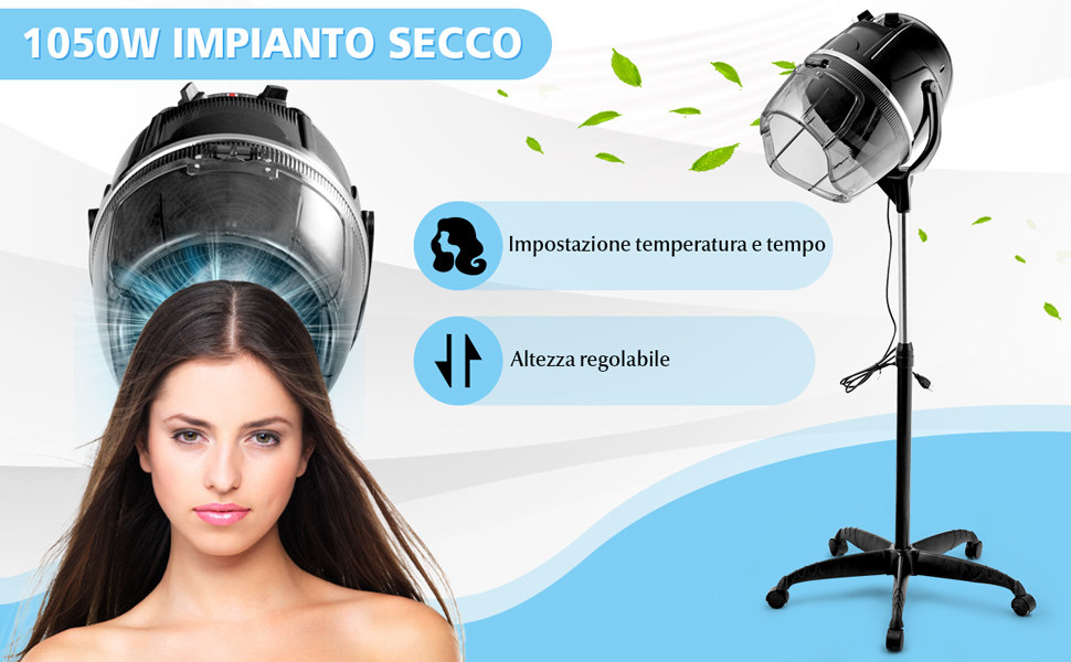 RELAX4LIFE Casco Asciugacapelli Professionale 1050 W, Temperatura 40/75 ºC Per Asciugatura E Styling, Timer Fino A 60 Min, Altezza Regolabile 125/160 Cm, Per Casa E Dal Parrucchiere, Nero 11 01