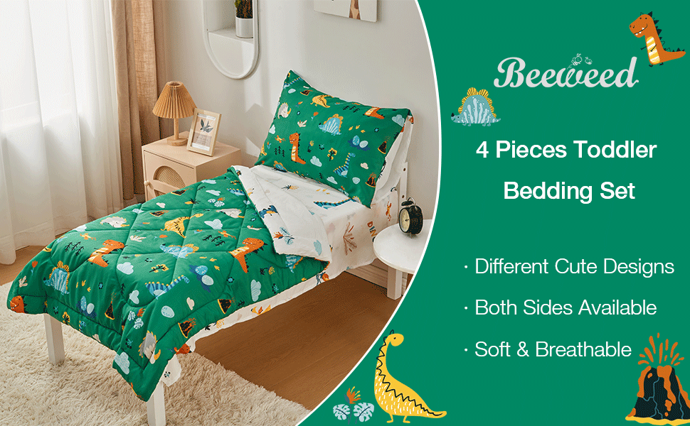 beeweed 4 Pieces Dinosaur Toddler Bedding Set Boys Girls, 2
