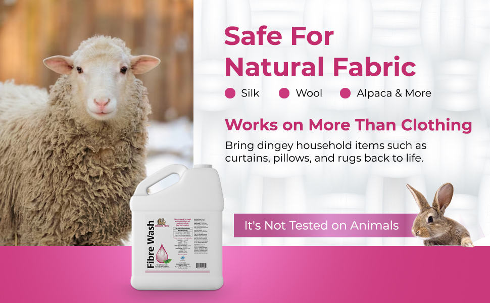 sheep and bunny on wool next to unicorn fibre wash gallon