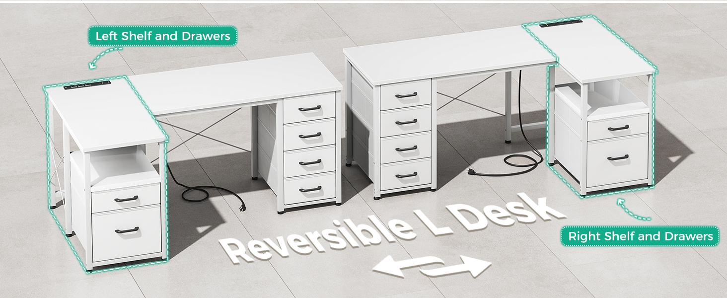 L shaped desk with 5 drawers and file drawer white 3