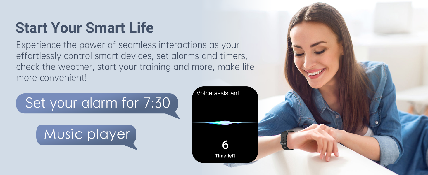 Smart home device with digital display showing time. Device appears cube-shaped and black. Image shows person interacting with device, demonstrating alarm and music player functions.