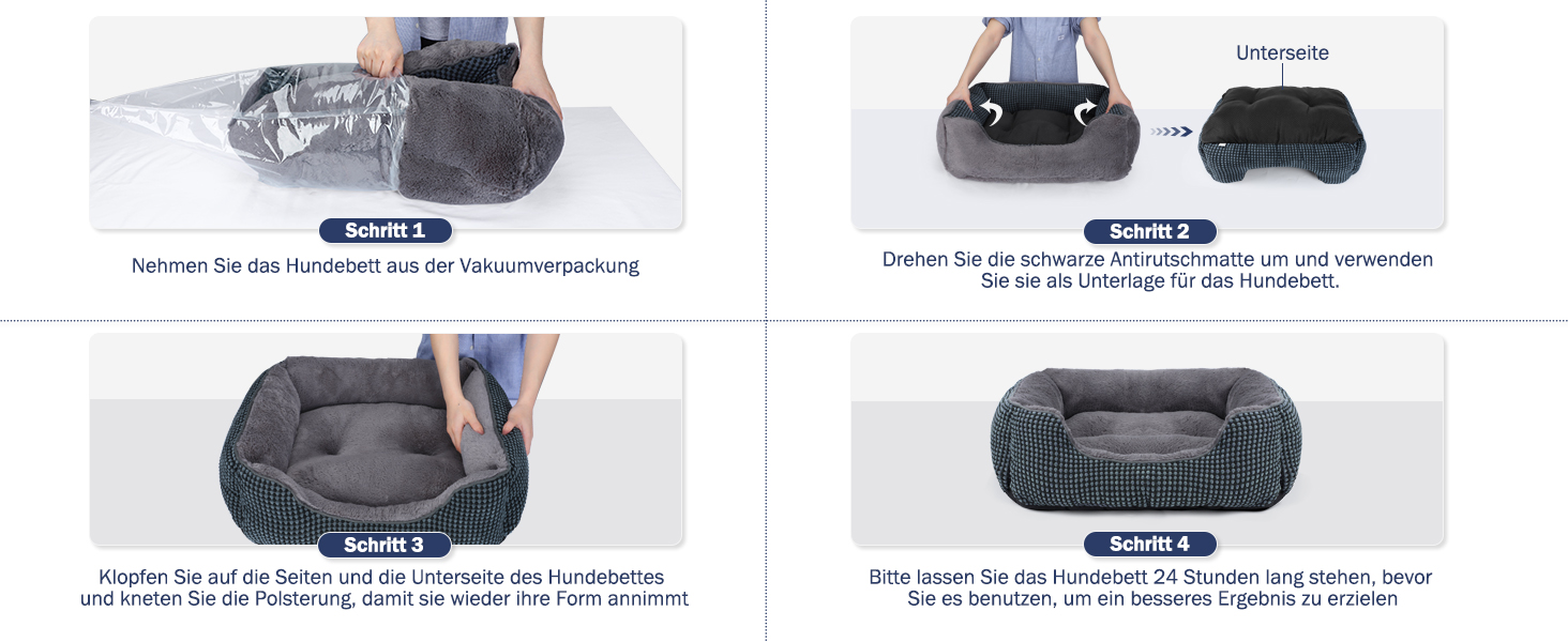 Zusammengesetzt aus vier Paneelen, die ein graues Haustierbett mit waschbarem Bezug zeigen. Es zeichnet sich durch Kompressibilität, Größenvergleich und gepolstertes Innenfutter aus. Inklusive Tragetasche für