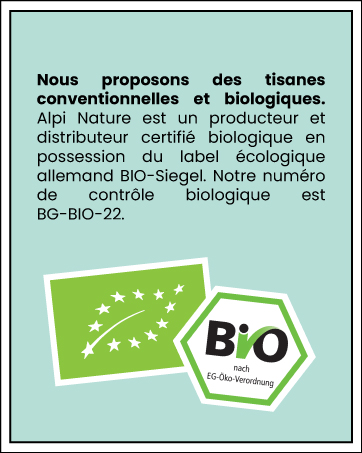 Notice de certification verte montrant les logos de certification biologique de Bio-Siegel et un texte en français sur la production de thé biologique