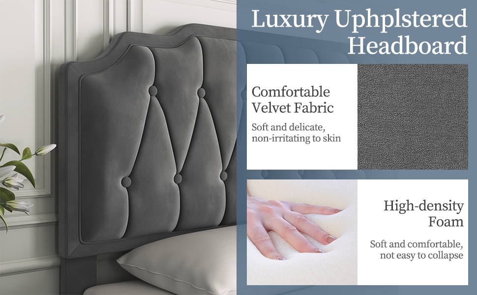 Luxury upholstered headboard in gray velvet fabric. Features tufted design, high-density foam for comfort, and soft, non-irritating texture.