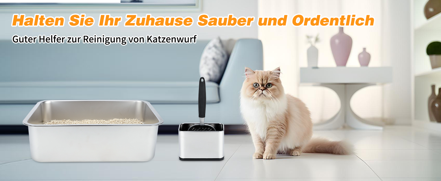Der Text lautet „Halten Sie Ihr Zuhause Sauber und Ordentlich“. Weißer Roboterstaubsauger auf hellem Boden in einer modernen Inneneinrichtung.