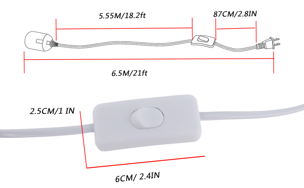 Rextin E26/E27 LED Light socket 21FT extension cord with On/Off switch
