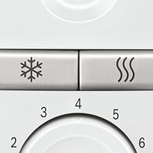 Close-up of a control panel with temperature symbols (snowflake and waves) and numbered dial from 1-6.