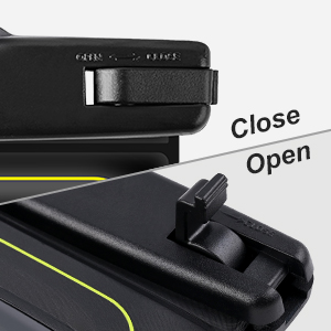 Close-up of a black device with a slider switch labeled 'Close' and 'Open', showing part of the locking mechanism.