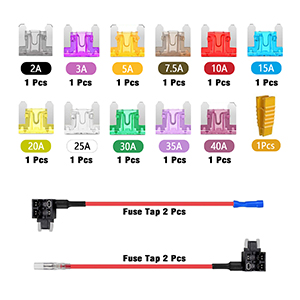 Assortment of colorful automotive fuses with amperage ratings. Two fuse tap adapters shown below.