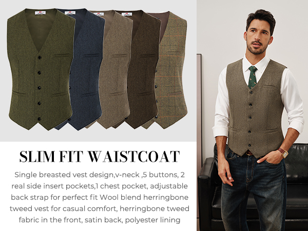 トップス pois Tweed vest PJ PAUL JONES Mens Vest V Neck Tweed Suits Vest Button Down