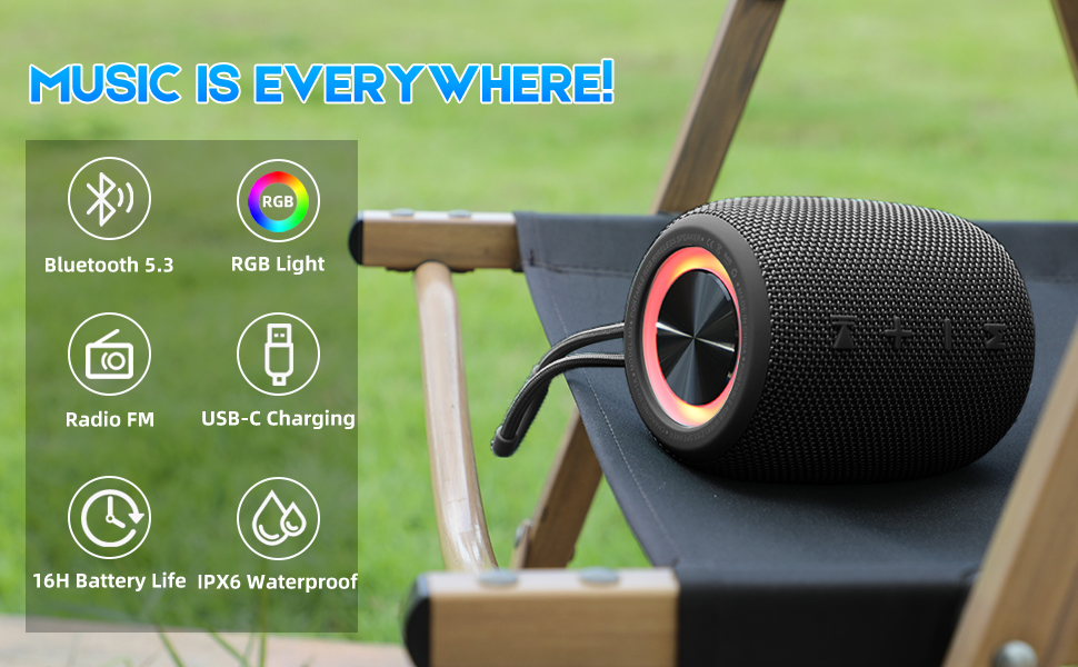 con iluminación RGB y funciones de resistencia al agua, que muestra los iconos de la interfaz para Bluetooth 5.3, radio FM y capacidades de carga USB-C