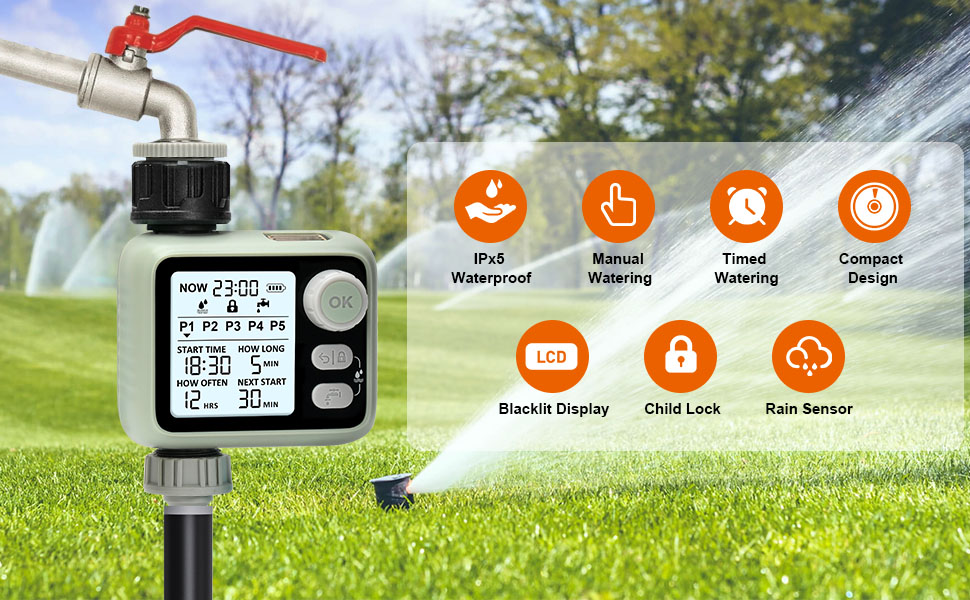 Johgee Sprinkler Timer, Water Timer with Blacklite Display, 5 Separate