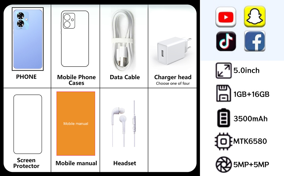 LilCost Note 60 Smartphone, 16GB ROM,128GB Extension,Dual SIM, 5.0'' HD Display with 3500mAh Battery and Dual Camera,Support WiFi/Bluetooth/Face Unlock Android Phone (Black) 20 5.0inch;1GB+16GB;3500mAh;MTK6580;5MP+5MP