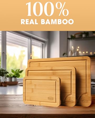Wooden Cutting Boards, Bamboo Wood Cutting Board Set with Deep Juice Groove