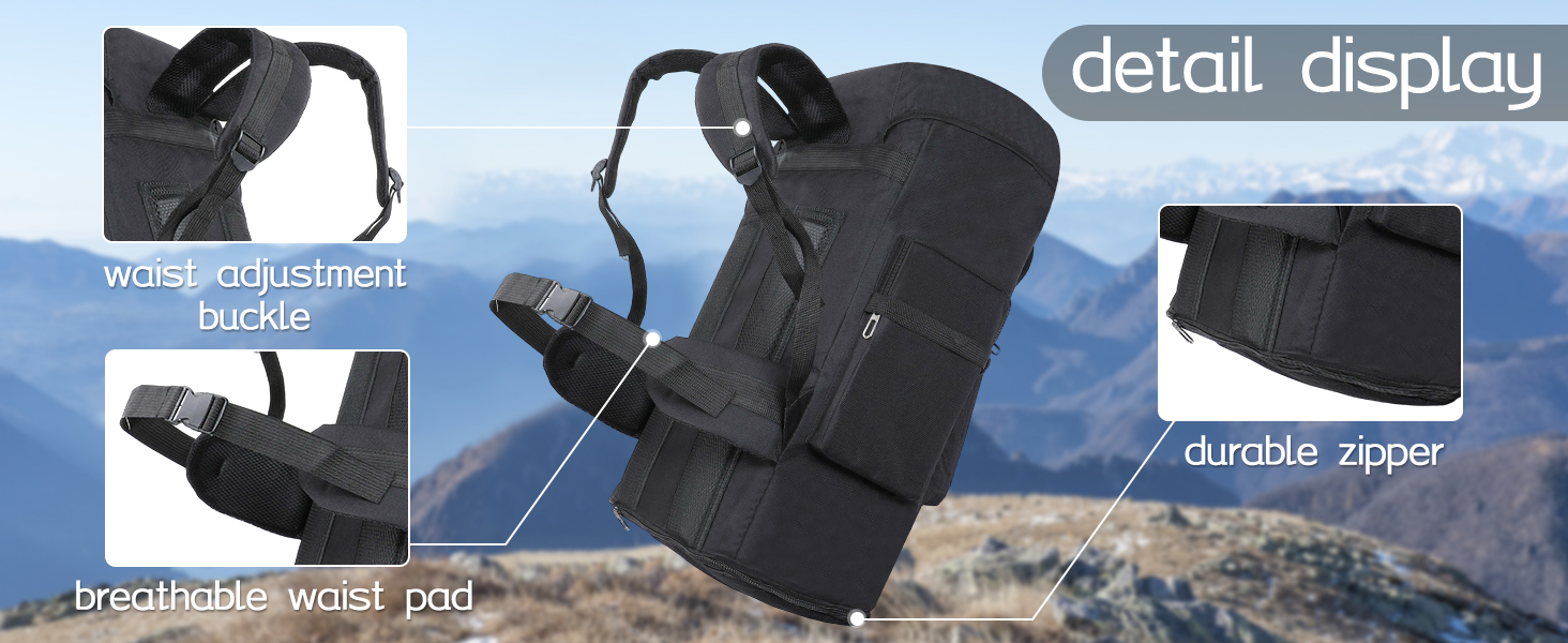 Harnais d'appareil photo noir avec affichage détaillé montrant la sangle de réglage du poignet, un protège-taille respirant et une fermeture éclair durable sur fond de montagne.