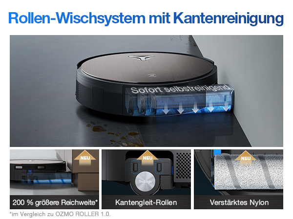Der Text lautet „Rollen-Wischsystem mit Kantenreinigung“. Bei dem Produkt handelt es sich offenbar um ein rollendes Reinigungssystem mit Kantenreinigungsfunktion, das in Form eines technischen Diagramms dargestellt ist.