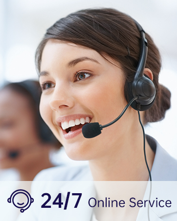 Professional wired headset with microphone shown alongside '24/7 Online Service' icon, designed for customer service and call center use.