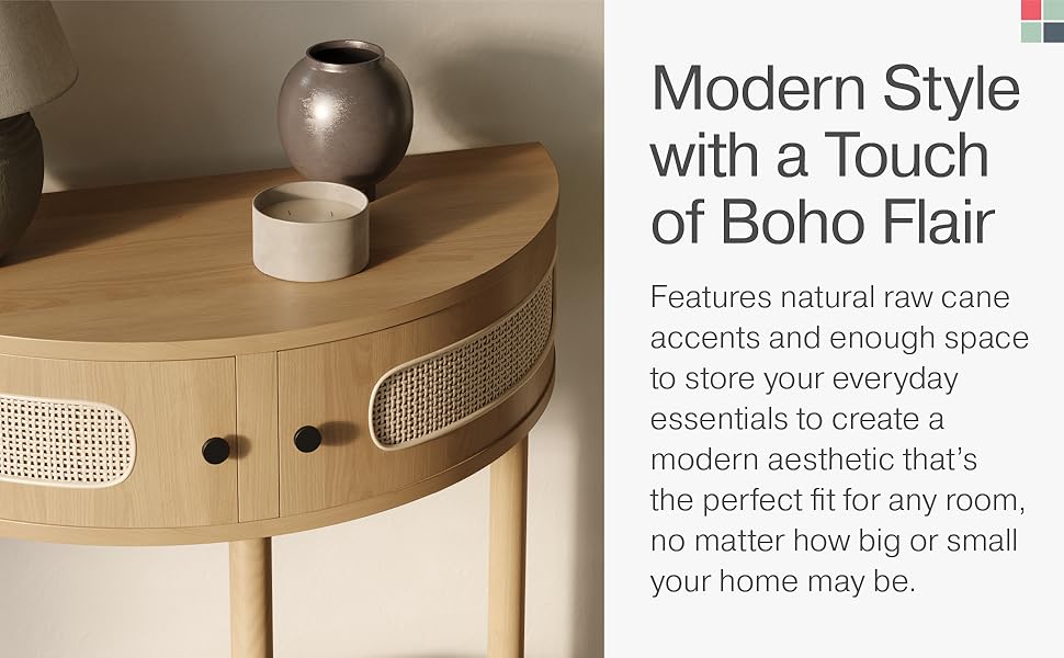 Rattan Half Moon Entry Table Small Console Table with