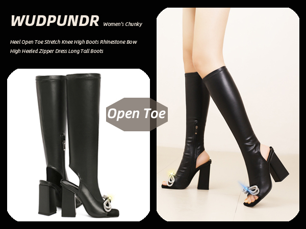 Amazon.com | Women's Chunky Heel Open Toe Stretch Knee High