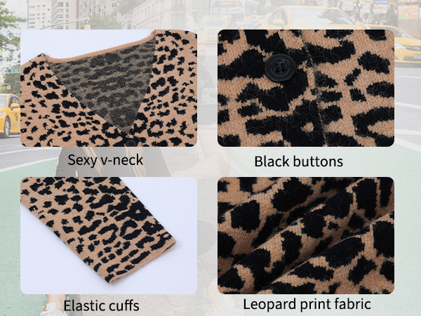 Women Leopard Print Long Sleeve V Neck Button Down Sweater