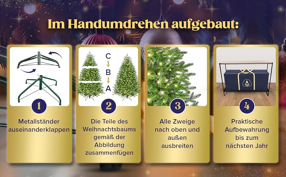 Der Text lautet „Im Handumdrehen aufgebaut:“ mit 4 nummerierten Anleitungstafeln, die die Schritte zur Montage des Weihnachtsbaums auf goldenem Hintergrund zeigen.