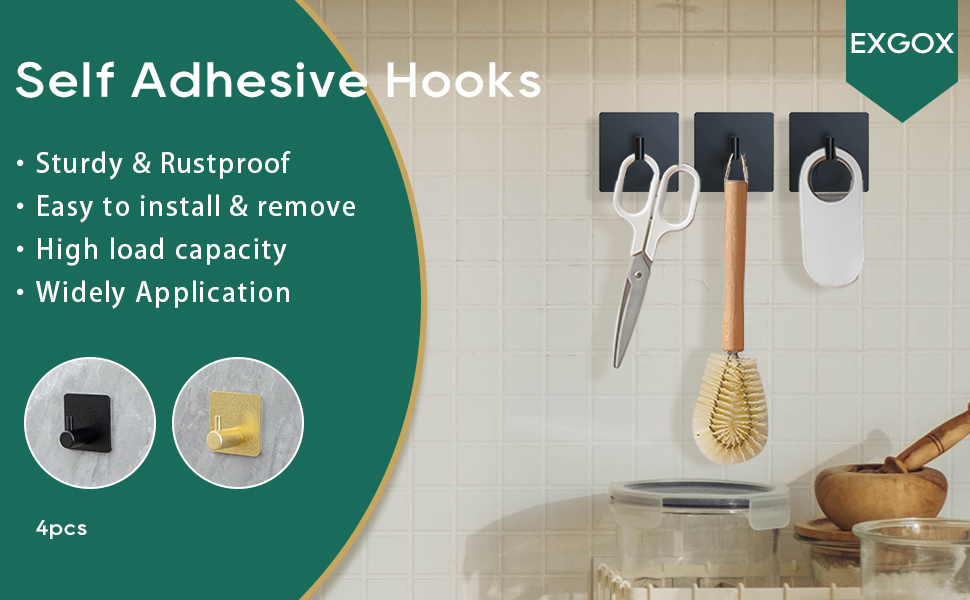 EXGOX Self Adhesive Hooks Heavy Duty 4 Pack, Black Aluminum Alloy