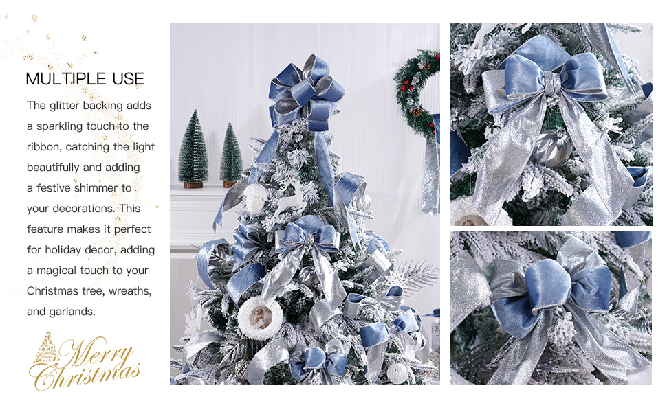 LIZLOVESS Dusty Blue Velvet Wired Ribbon with Glitter Back