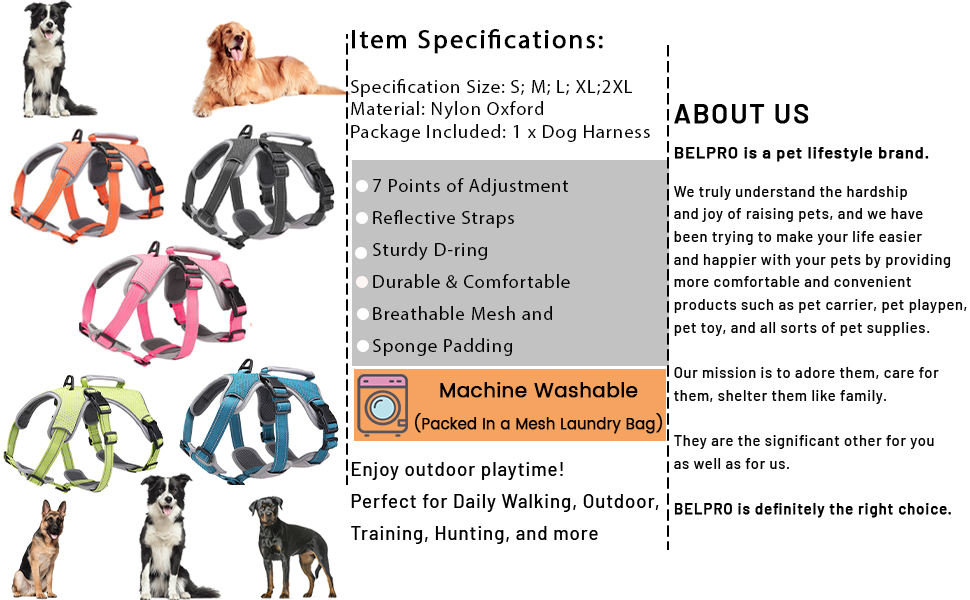 BELPRO MultiUse Support Dog Harness, Escape Proof No Pull Reflective
