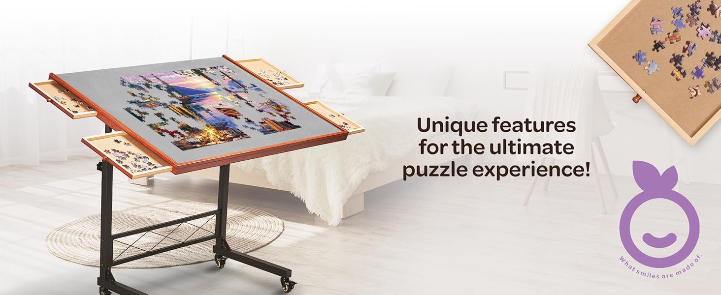 Puzzle table with rolling wheels and drawers