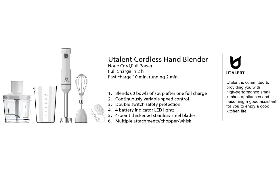 Cordless Hand Blender, UTALENT Variable Speed Immersion