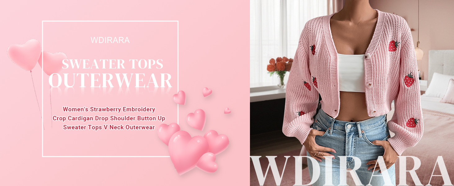 Women's Strawberry Embroidery Crop Cardigan Drop Shoulder Button Up Sweater Tops V Neck Outerwear