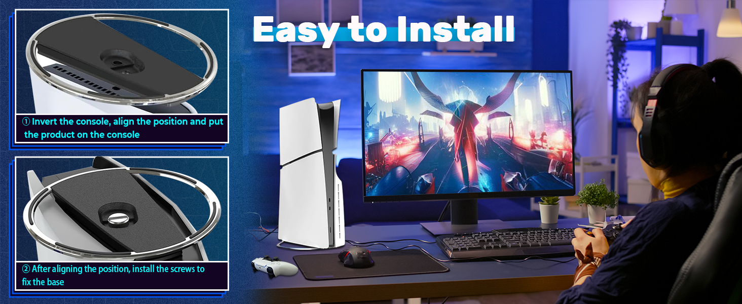 Guide d'installation de la configuration de jeu montrant le processus de fixation du support PS5, avec un environnement de jeu comprenant la configuration du moniteur, de la console et du bureau en arrière-plan