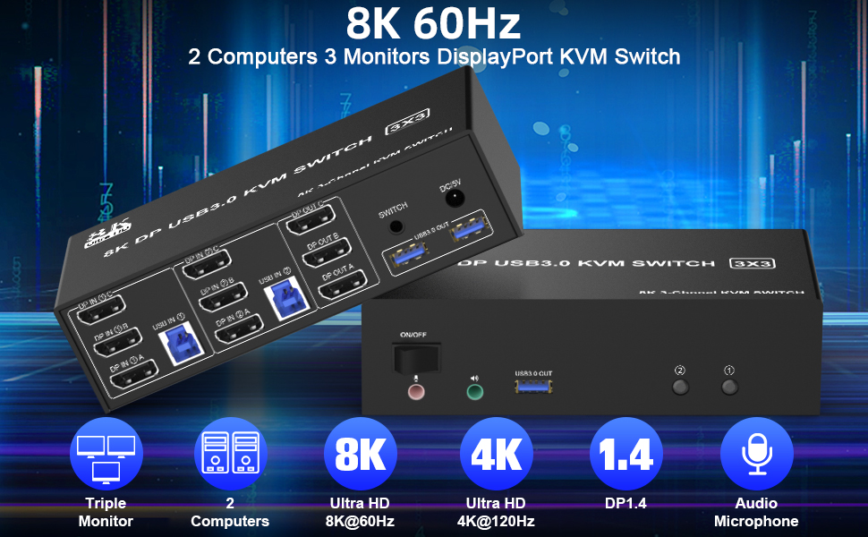 DisplayPort KVM Switch Triple Monitor 8K DP for 2 Computers