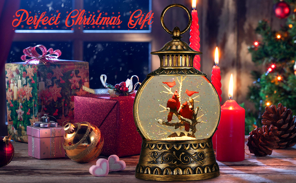 Cardinal Snow Globe, Christmas Musical Snow Globe Lantern
