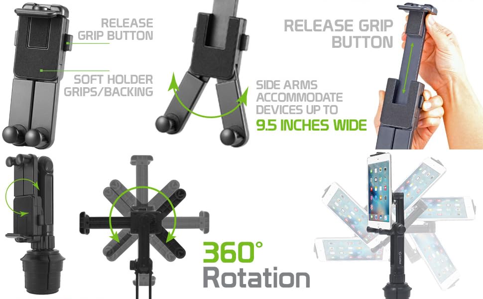 TABLET CUP HOLDER MOUNT 360 ROTATION RELEASE GRIP BUTTON ADJUSTABLE BASE