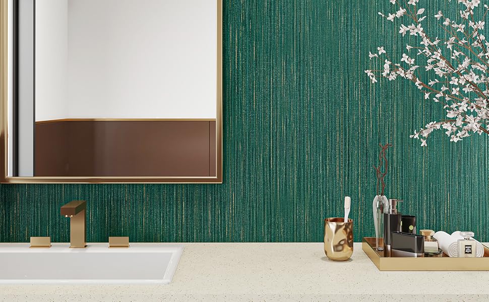 VEELIKE Textured Teal Green Grasscloth Peel and Stick Wallpaper 32