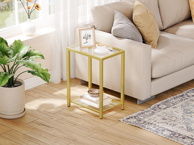 HOOBRO Gold Side Table, Bed Side Table, Tempered Glass Sofa Side Table