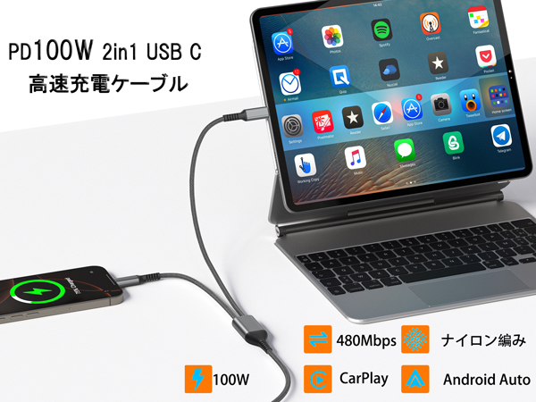 2in1 USB C ケーブル 1M PD対応 100W急速充電 1m 楽天市場】USB-C to USB-C ケーブル PD対応100W/5A QC4.0 超急速