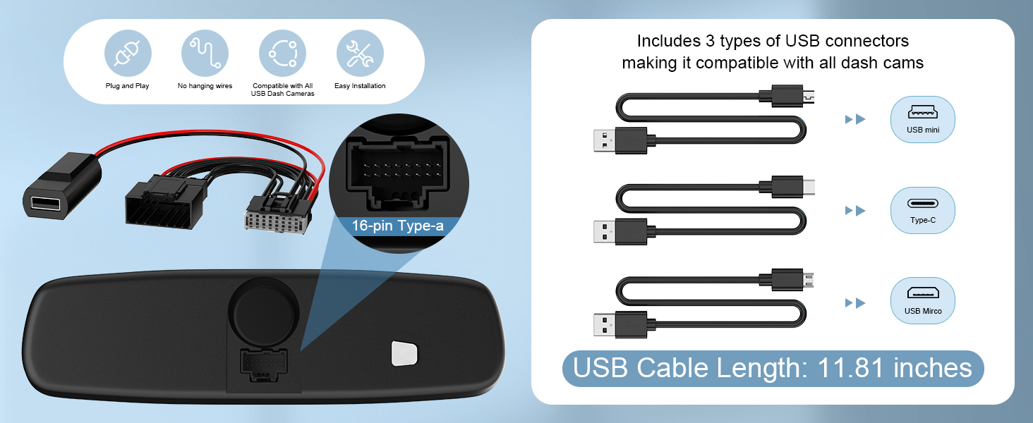 16-Pin Type A Dashcam Power Adapter 