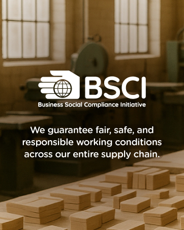 Text reads 'BSCI' and 'We guarantee fair, safe, and responsible working conditions across our entire supply chain.' Interior warehouse or factory setting.