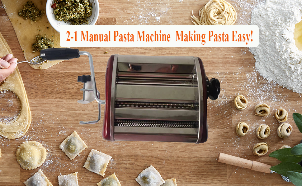 Stainless Steel Manual Noodle Maker with 2mm & 4mm Cutting Blades Durable Hand Crank Pasta Machine