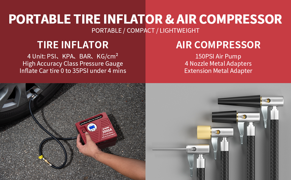 3000Amp Car Jump Starter with Air Compressor, 150PSI Tire
