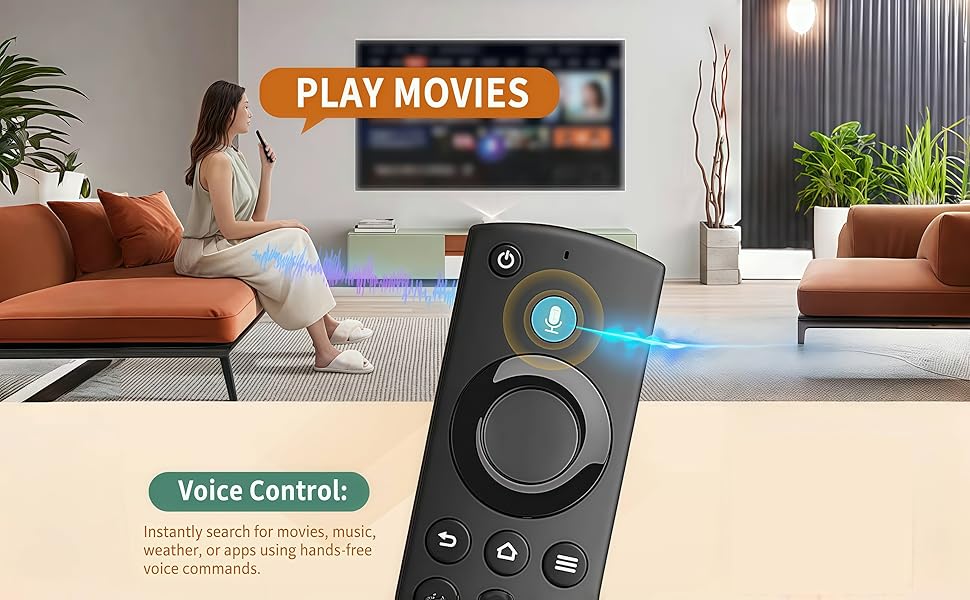 Text reads 'PLAY MOVIES' and 'Voice Control'. Series of images showing streaming device remote control and interface on TV screen.