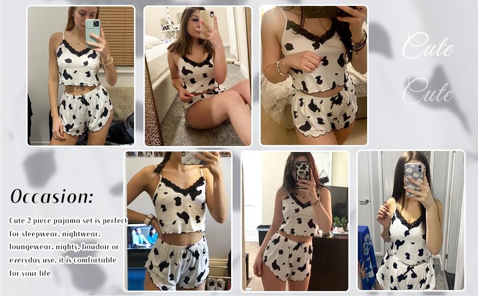 SheIn Women's Cow Print Sleepwear Lace Frill Trim Crop Cami Top and Shorts Pajama Set