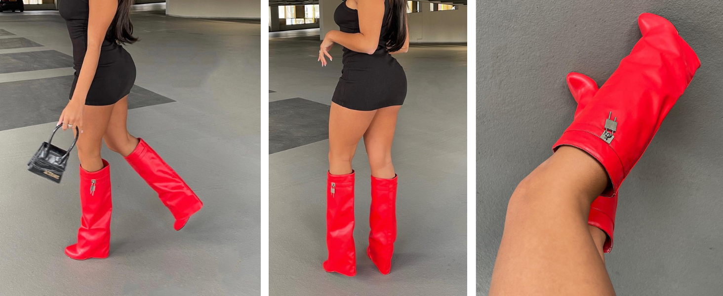 keleimusi Fold Over Wedge Boots Heeled PadLock Pant Knee High Shoes Tall/Short