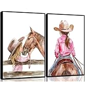 XXOUYLQ 2PCS Cowgirl Nursery Wall Art girl and horse Poster Girl kissing horse Pictures Painting ...
