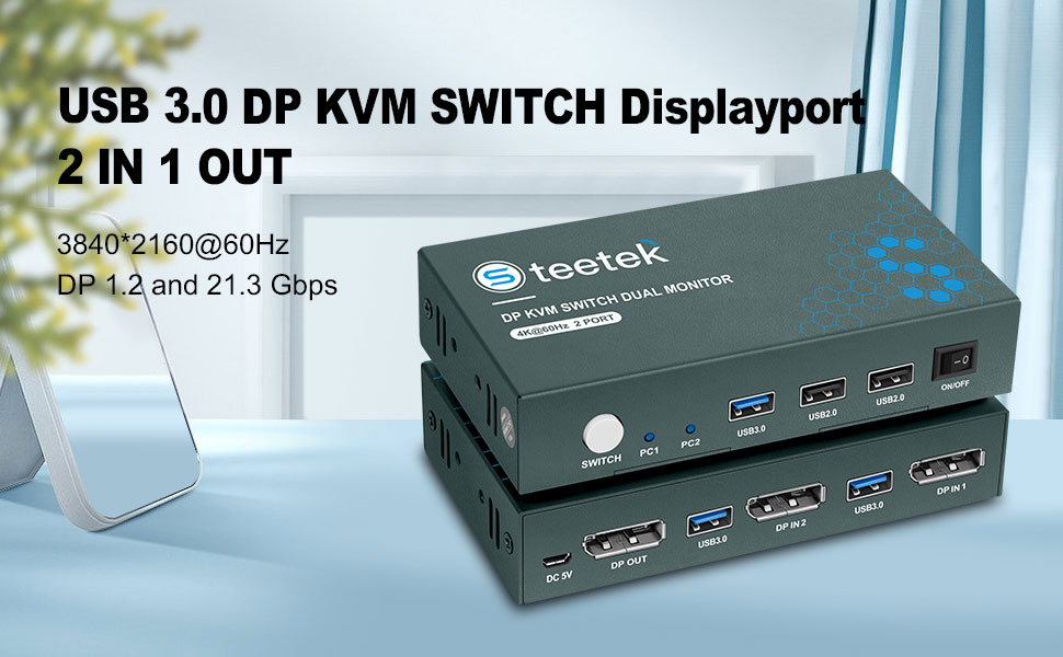 Steetek USB 3.0 KVM Switch Displayport 4K60Hz, 2 Port KVM Displayport 2 in 1 Out, KVM Switch 2