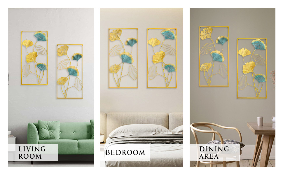 HUIZHILANXIN Metal Wall Art Set of 2 Gold Wall Decor Ginkgo Leaf Wall Decorations with Frame for Living Room Bedroom Study Room Home Office (33.5" X 15.75") 16 Handmade Wall Decoration Gold Wall Art Widely Used