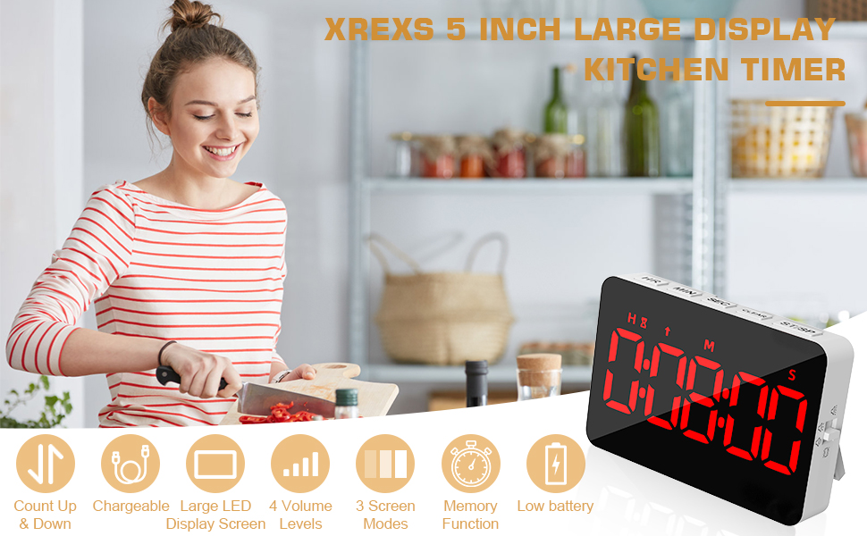 XREXS Timer, Rechargeable Kitchen Timer, Large LED Display Kitchen