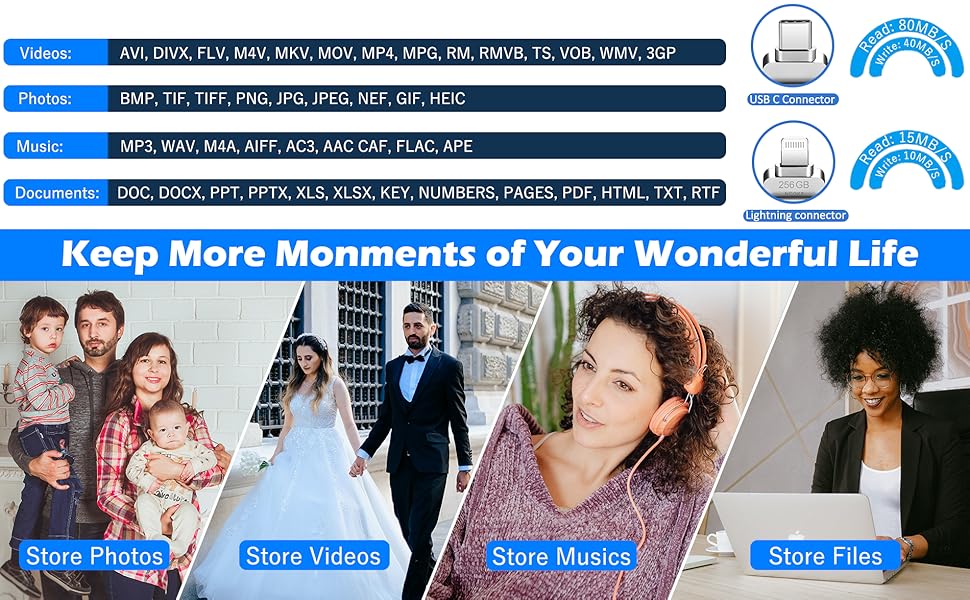 Apple MFi Certified 256GB iPhonePhotoStickExternalFlashStorage